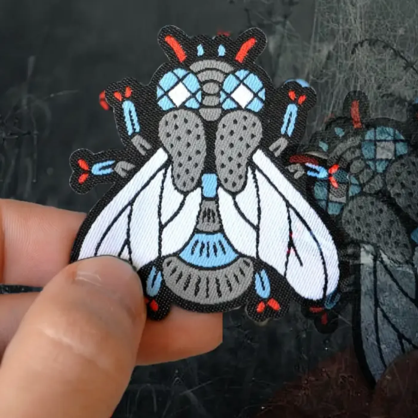 a hand holding a patch of a fly